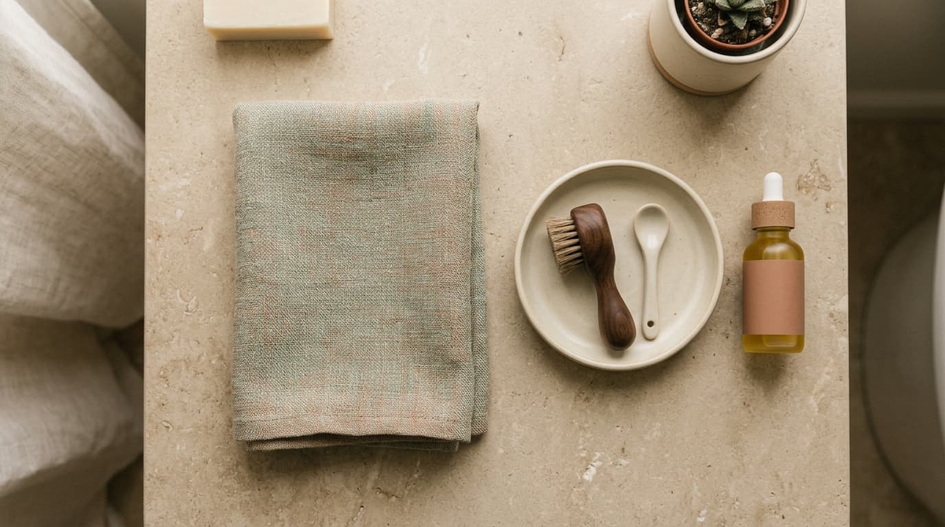 Calm minimal bathroom counter flatlay with a neatly folded muted sage linen towel and grooming essentials