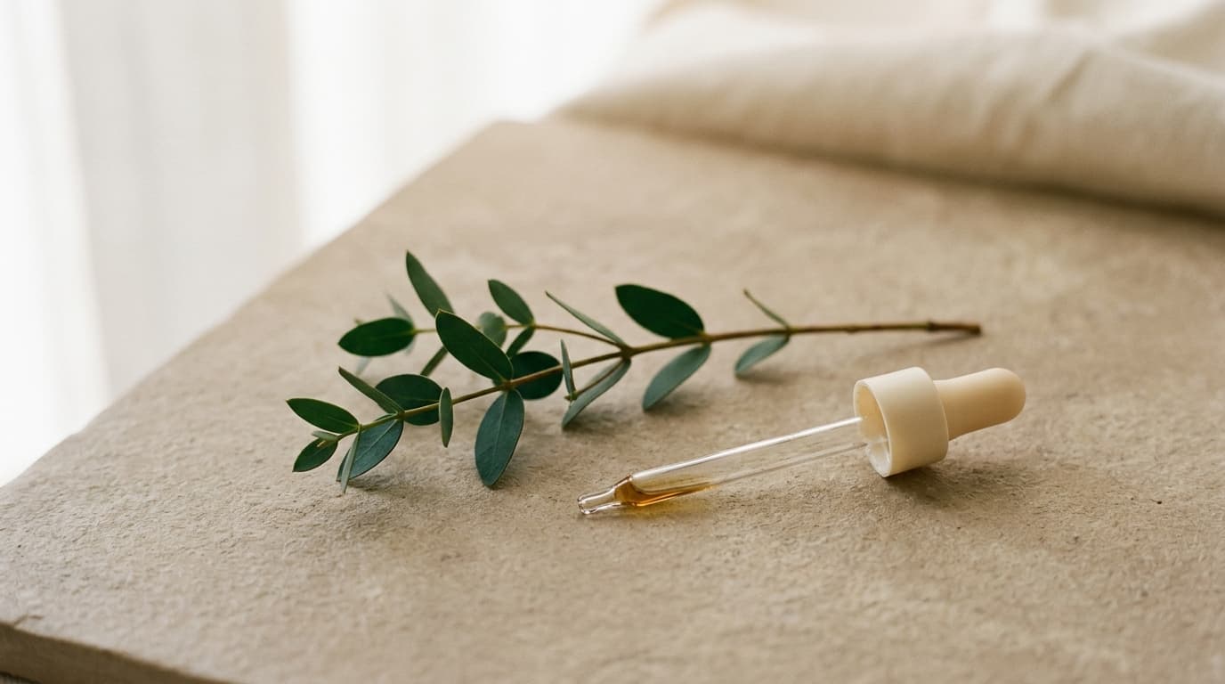Botanical sprig resting beside a laboratory glass pipette dropper on a warm neutral stone surface