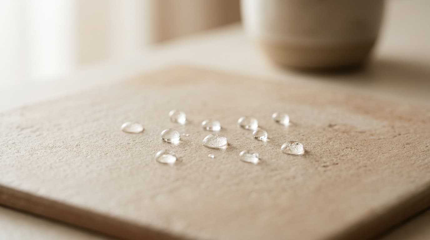 Water droplets resting on a matte warm ceramic stone tile surface with mineral textures